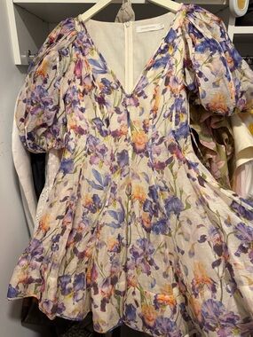 Zimmermann Lavender & Cream Floral Puff-Sleeve Fit-and-Flare Dress